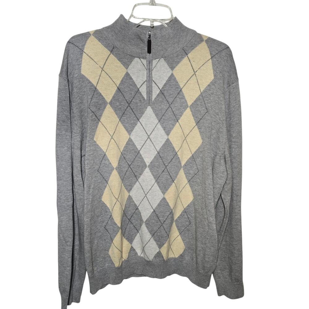 Tasso Elba Men's Argyle Sweater 1/4 Zip Gray Yellow Cotton Mens Size Large - Picture 3 of 7